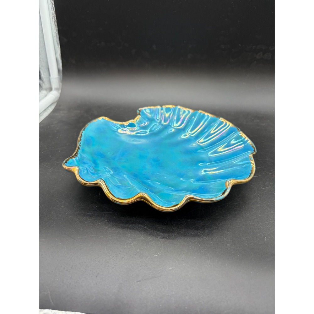 Vintage Holland Mold Turquoise Iridescent Shell Bowl Gold Rim Signed 1968